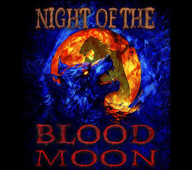 Night Of The Blood Moon is written in title text over an illustration of a in wolf silhouette, with a fiery orange moon behind it. A shadow of the headless horseman is seen on the moon.